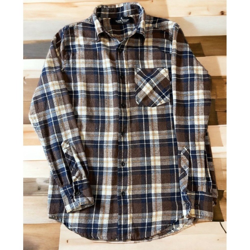 Vintage David Taylor Flannel Brown Plaid Shirt Men's Large Long Sleeve Small